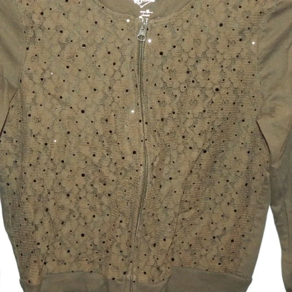 Justice girls 16 olive green floral lace vintage full zip thin casual jacket